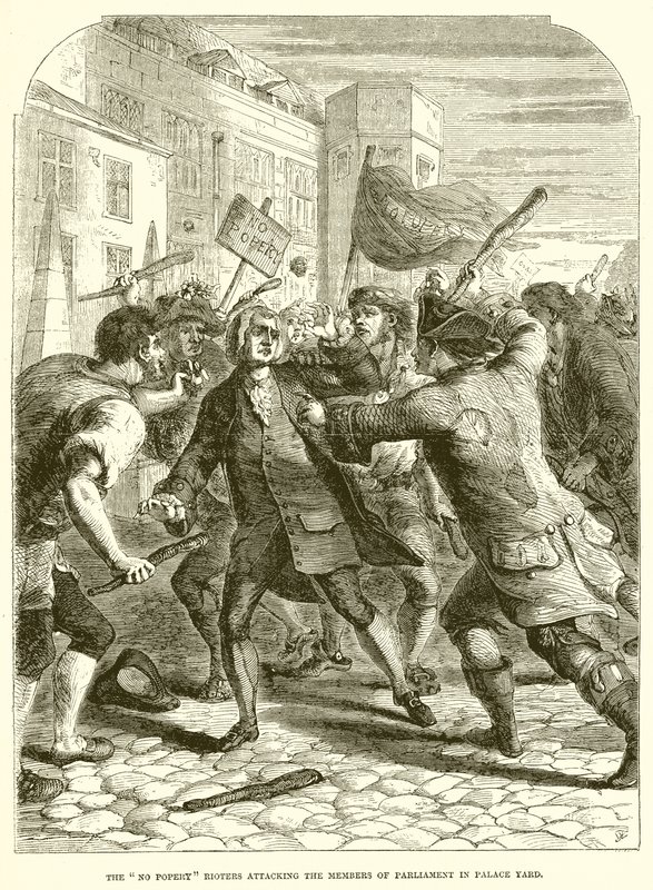 Die No-Popery-Randalierer greifen die Parlamentsmitglieder im Palace Yard an von English School