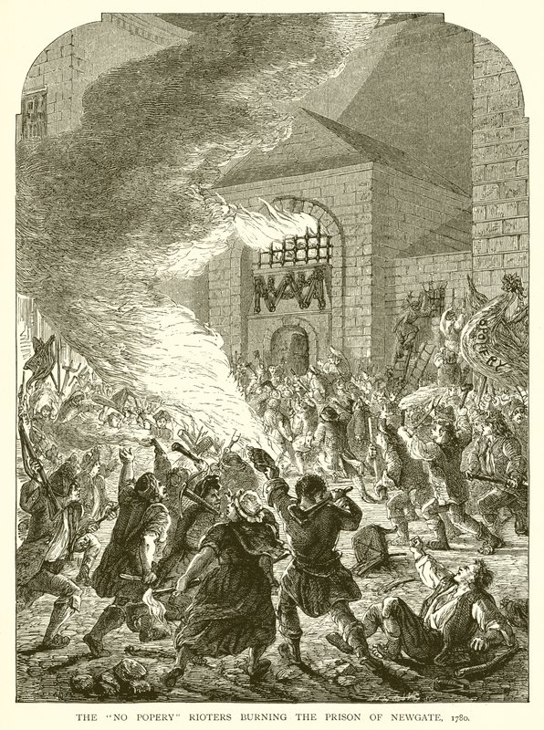 Die No Popery-Randalierer brennen das Gefängnis von Newgate nieder, 1780 von English School
