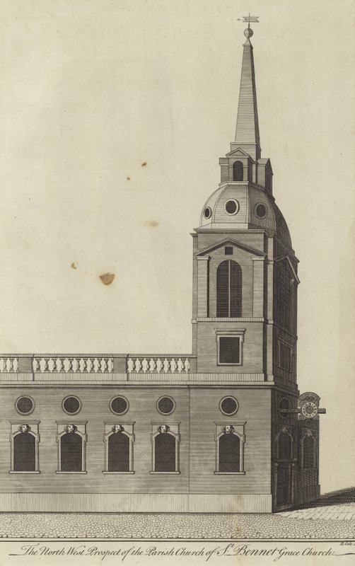 Nordwestansicht der Pfarrkirche St Benet Gracechurch, London von English School