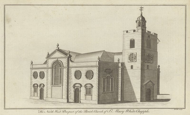 Die Nordwestansicht der Pfarrkirche St. Mary Whitechapel, London von English School