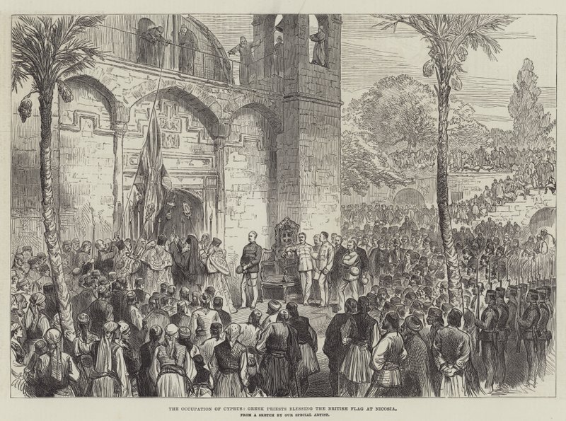 Die Besetzung von Zypern, griechische Priester segnen die britische Flagge in Nikosia (Gravur) von English School