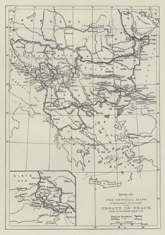 Die offiziellen Karten des Friedensvertrags, unterzeichnet in San Stefano, 3. März 1878 (Gravur) von English School