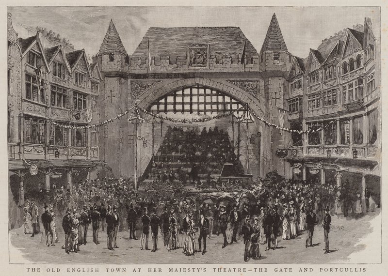 Die alte englische Stadt im Theater Ihrer Majestät, das Tor und Fallgatter von English School