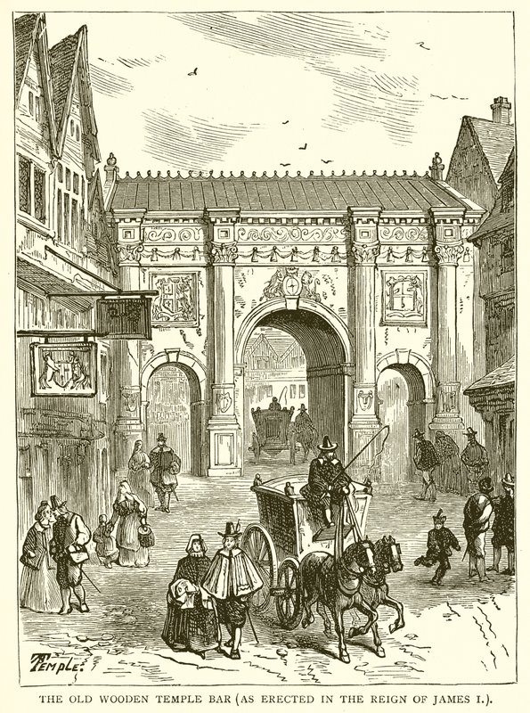 Das alte hölzerne Temple Bar (errichtet in der Regierungszeit von James I.) von English School
