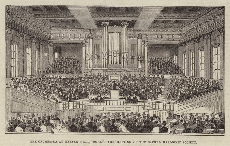Das Orchester in der Exeter Hall während des Treffens der Sacred Harmonic Society von English School