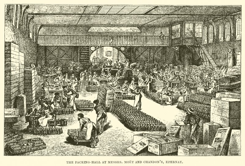 Die Verpackungshalle bei Messrs Moet und Chandon, Epernay (Stich) von English School