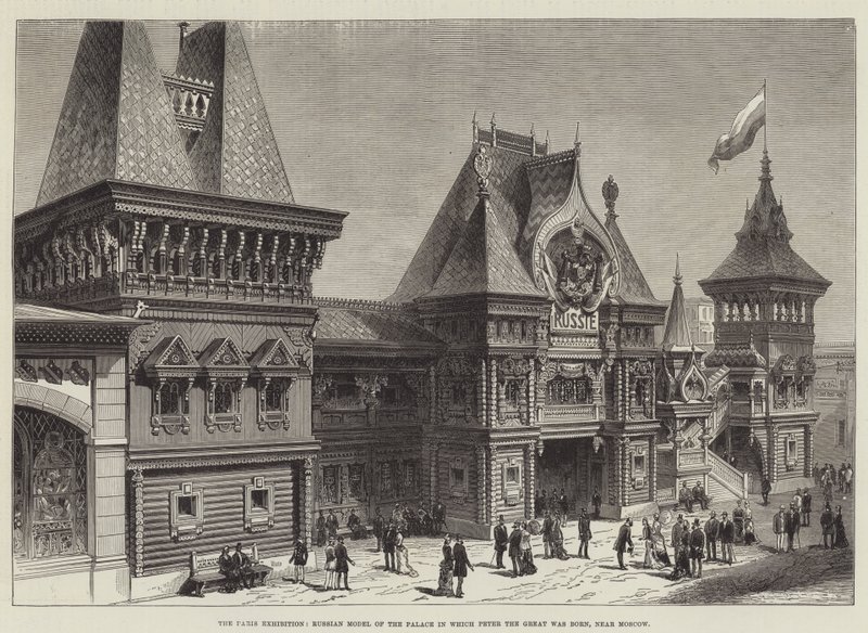 Die Pariser Ausstellung, russisches Modell des Palastes, in dem Peter der Große geboren wurde, nahe Moskau (Gravur) von English School