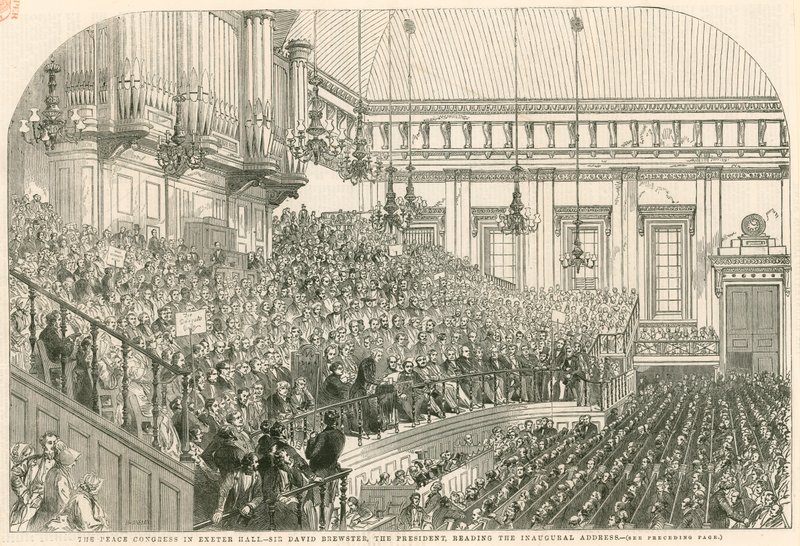 Der Friedenskongress in Exeter Hall, Sir David Brewster, der Präsident, hält die Eröffnungsrede von English School