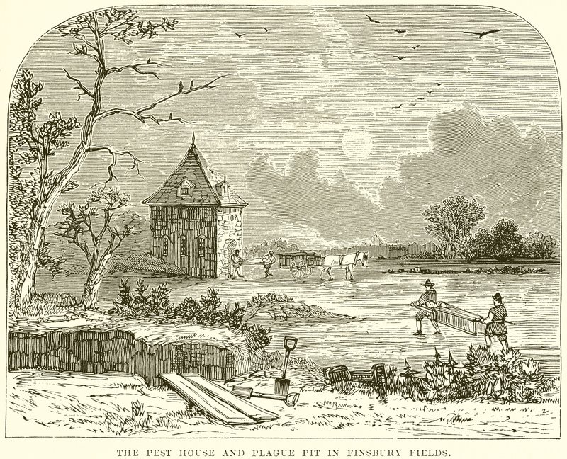 Das Pesthaus und die Pestgrube in Finsbury Fields von English School