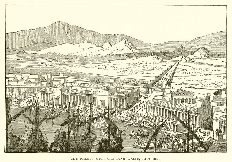 Der Hafen von Piräus mit den langen Mauern, restauriert von English School