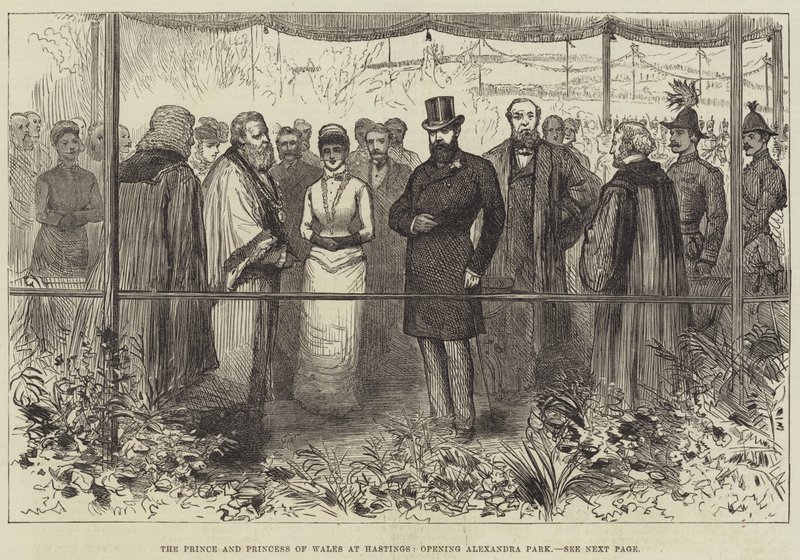 Der Prinz und die Prinzessin von Wales in Hastings, Eröffnung des Alexandra Parks (Stich) von English School