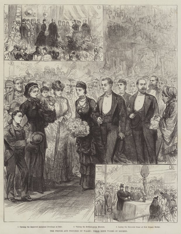 Der Prinz und die Prinzessin von Wales, ihre guten Werke in London (Gravur) von English School