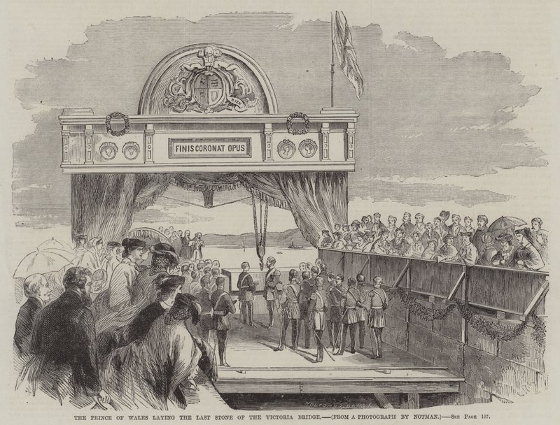 Der Prinz von Wales legt den letzten Stein der Victoria-Brücke (Gravur) von English School