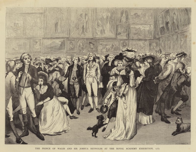 Der Prinz von Wales und Sir Joshua Reynolds bei der Ausstellung der Royal Academy von English School