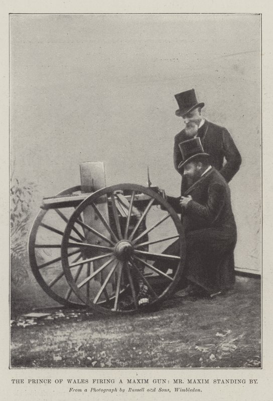 Der Prinz von Wales feuert ein Maxim-Gewehr ab, Mr. Maxim steht daneben von English School