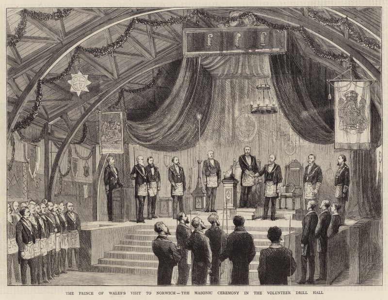Der Besuch des Prinzen von Wales in Norwich, die Freimaurerzeremonie in der Freiwilligen-Drillhalle (Gravur) von English School