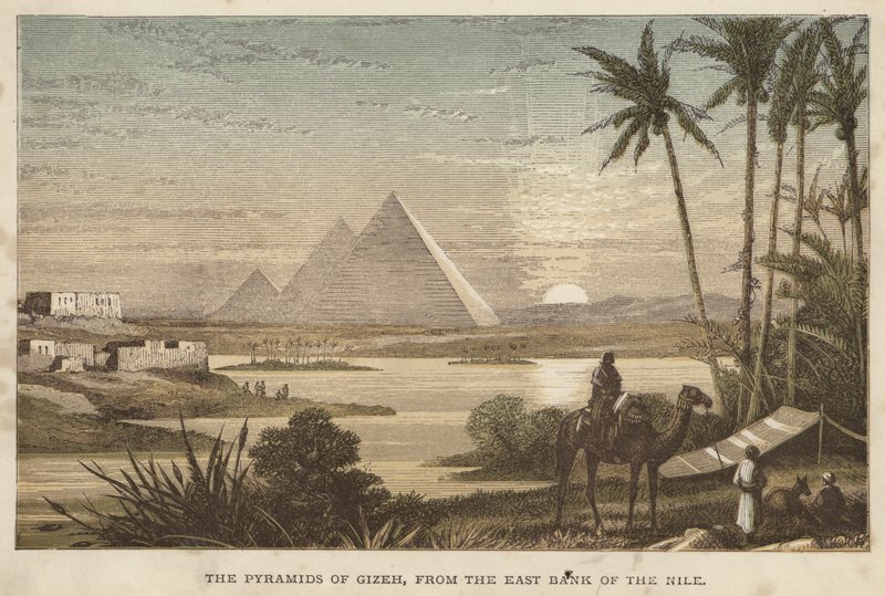 Die Pyramiden von Gizeh, von der Ostseite des Nils (farbiger Stich) von English School