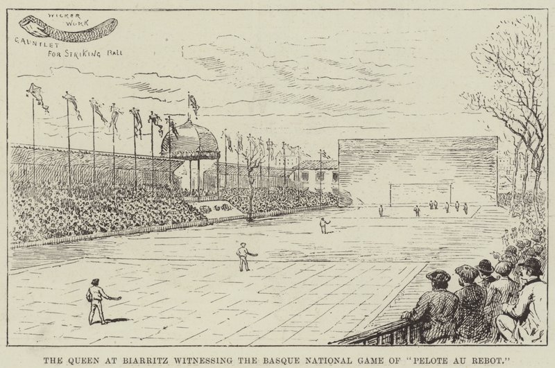 Die Königin in Biarritz, die das baskische Nationalspiel "Pelote au Rebot" beobachtet (Stich) von English School