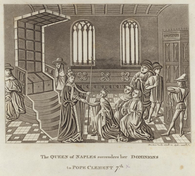 Die Königin von Neapel übergibt ihre Herrschaft an Papst Clemens VII. von English School