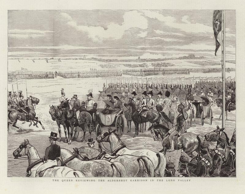 Die Königin inspiziert die Garnison von Aldershot im Long Valley von English School