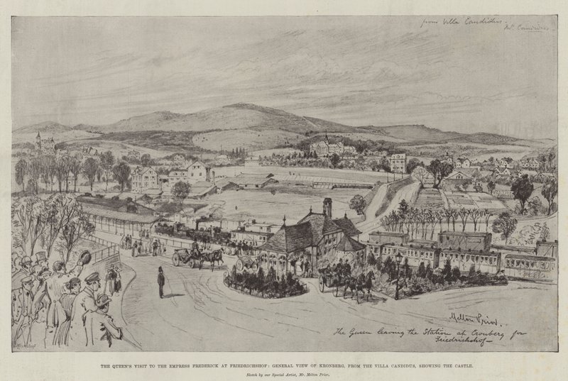 Der Besuch der Königin bei der Kaiserin Friedrich in Friedrichshof, Gesamtansicht von Kronberg, von der Villa Candidus aus, mit Blick auf das Schloss von English School
