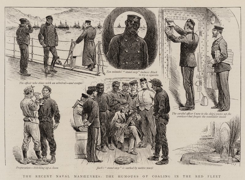 Die jüngsten Marine-Manöver, die Launen des Kohlenladens in der Roten Flotte (Gravur) von English School