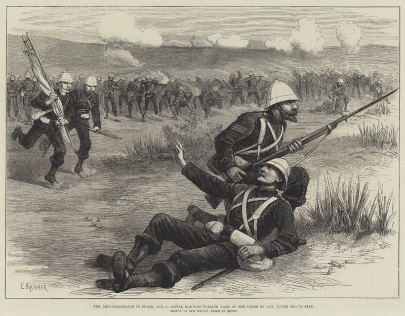 Die Aufklärung in Kraft, 5. August, Royal Marines ziehen sich am Ende des Tages unter schwerem Beschuss zurück (Gravur) von English School
