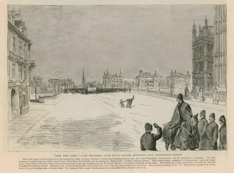 Der Aufruhr am Trafalgar Square: Hier kommen sie - die Prozession aus Süd-London überquert die Westminster Bridge von English School