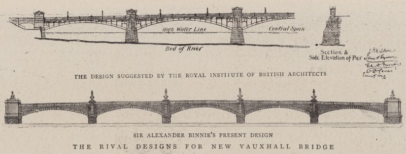 Die rivalisierenden Entwürfe für die neue Vauxhall-Brücke (Gravur) von English School