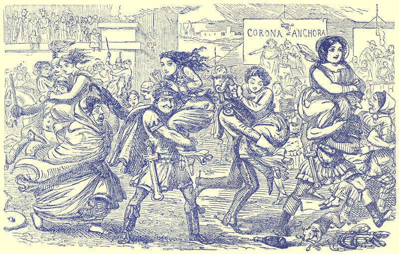 Die Römer entführen die Sabinerinnen, Illustration aus Die komische Geschichte Roms von Gilbert Abbott a Beckett, veröffentlicht um 1850 von English School