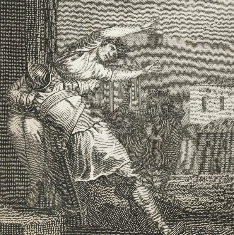 Die Römer entführen die Sabinerinnen, um sie zu ihren Frauen zu machen (Gravur) von English School