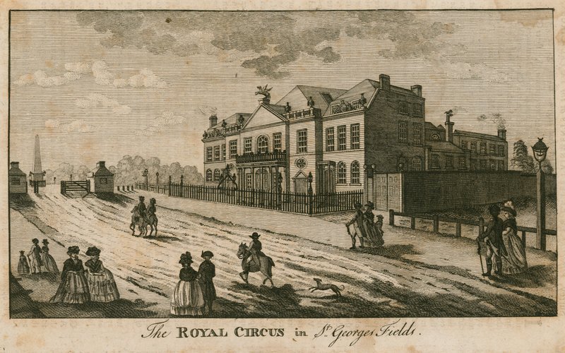 Der Königliche Zirkus in St Georges Fields, Surrey, nahe dem Obelisken von English School