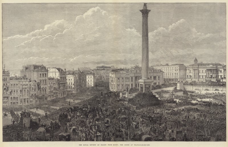 Die königliche Truppenparade aus Ägypten, die Szene am Trafalgar Square (Gravur) von English School