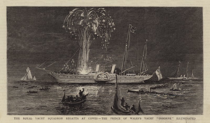 Die Regatta des Royal Yacht Squadron in Cowes, die Yacht "Osborne" des Prinzen von Wales beleuchtet von English School