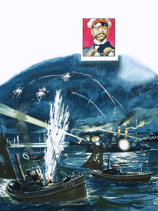 Die russischen Streitkräfte verwechseln 1904 eine britische Fischereiflotte mit japanischen Invasionsschiffen von English School
