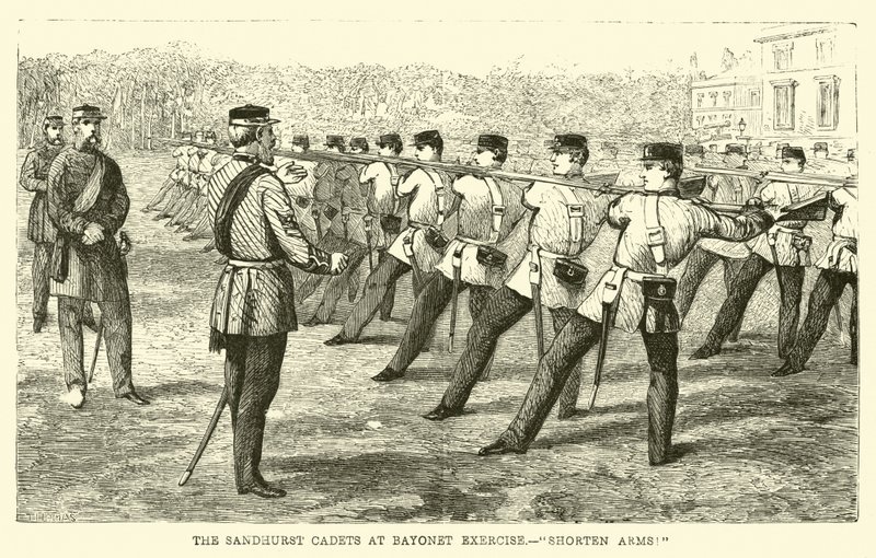 Die Sandhurst-Kadetten bei der Bajonettübung, Waffen verkürzen! von English School