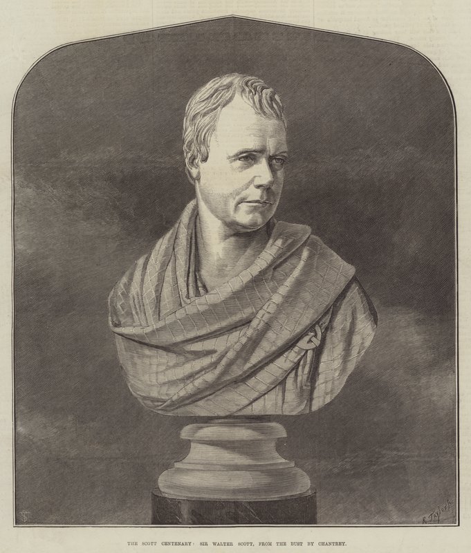 Das Scott-Jubiläum, Sir Walter Scott, nach der Büste von Chantrey (Stich) von English School