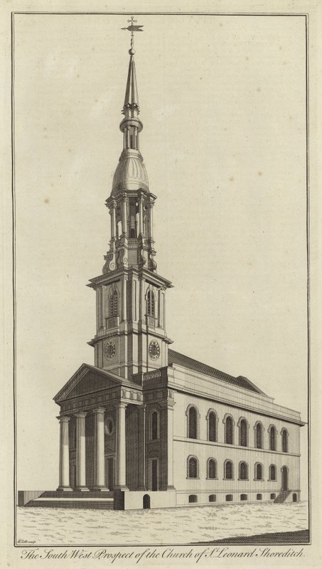 Die Südwestansicht der Kirche St. Leonard, Shoreditch von English School