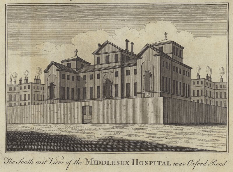 Die Südostansicht des Middlesex Hospital nahe Oxford Road, London von English School