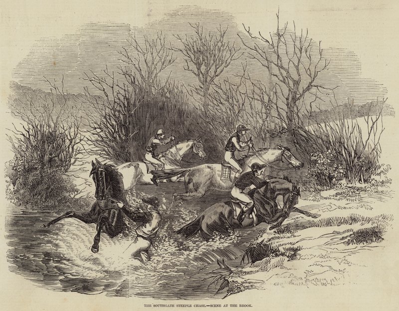 Das Southgate Steeple Chase, Szene am Bach (Gravur) von English School