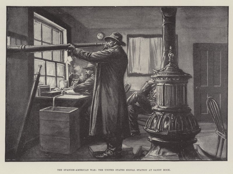 Der Spanisch-Amerikanische Krieg, die Signalstation der Vereinigten Staaten in Sandy Hook (Lithografie) von English School