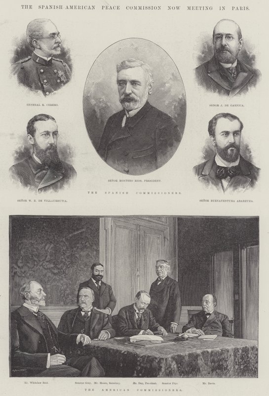 Die Spanisch-Amerikanische Friedenskommission, die jetzt in Paris tagt (Gravur) von English School