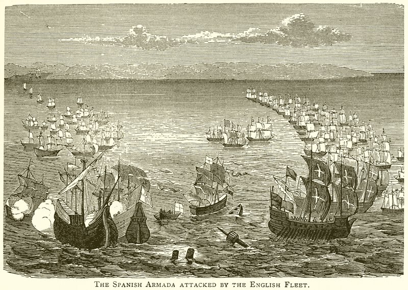 Die spanische Armada wird von der englischen Flotte angegriffen von English School