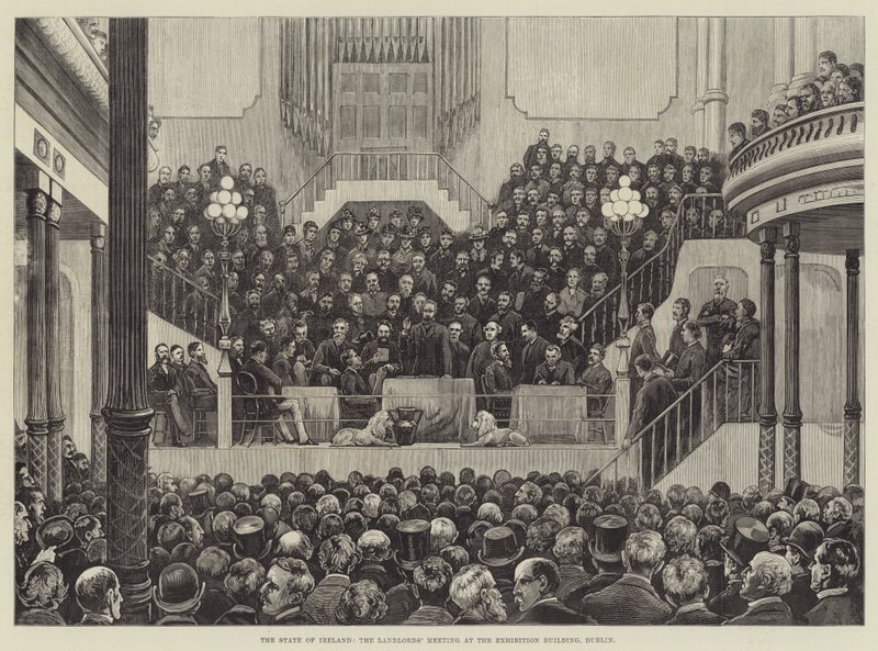 Der Zustand Irlands, das Treffen der Grundbesitzer im Ausstellungsgebäude, Dublin (Stich) von English School