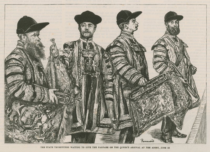 Die Staatstrompeter warten darauf, das Fanfarenzeichen bei der Ankunft der Königin in der Abtei zu geben von English School