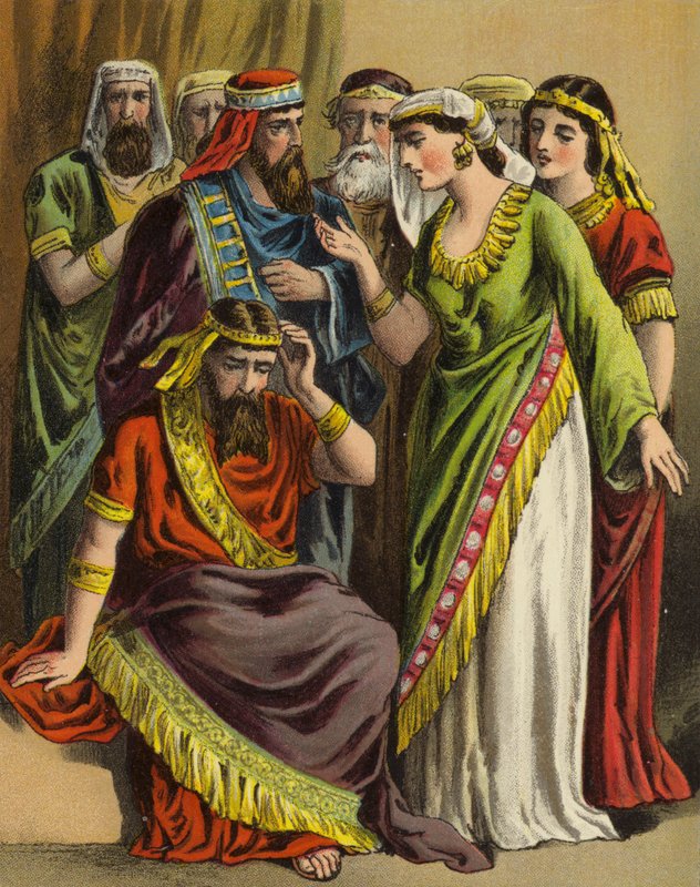 Die Geschichte von Königin Esther: Haman legt seine Beschwerde vor Zeresh, seiner Frau und allen seinen Freunden vor von English School