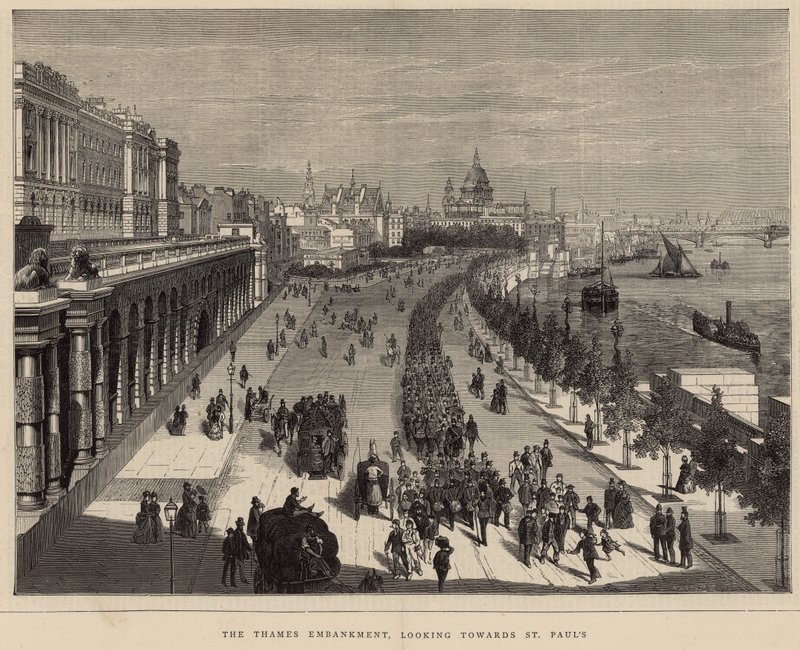 Die Themse-Uferpromenade, Blick auf St. Pauls von English School