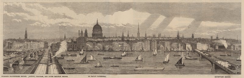 Die Themse-Uferpromenade auf der Nordseite der Themse vom Palace of Westminster bis zur Blackfriars Bridge von English School