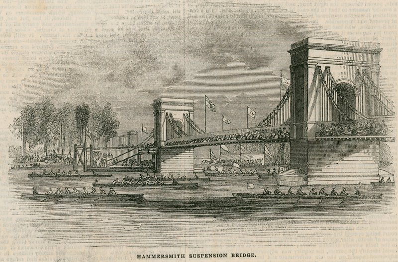 Die Thames Regatta, Boote kurz vor der Durchfahrt unter der Hammersmith Bridge von English School