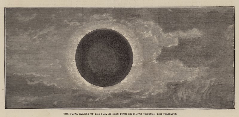 Die totale Sonnenfinsternis, gesehen von Gibraltar durch das Teleskop (Stich) von English School
